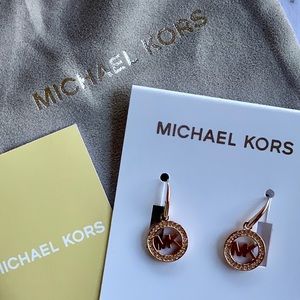 Michael Kors rose goldtone logo drop earrings NWT